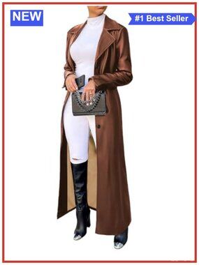 Faux Leather Maxi Trench Coat Button Down Long Overcoat